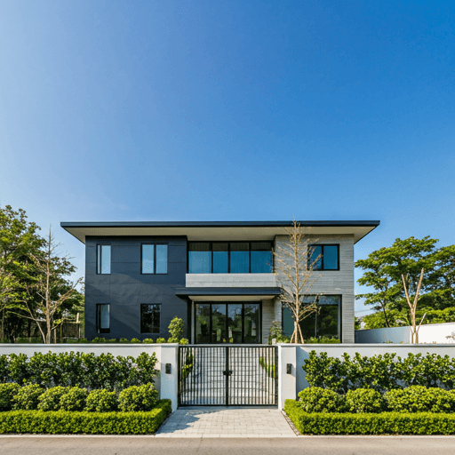 Wide angle shot of a beautiful clean modern house exterior