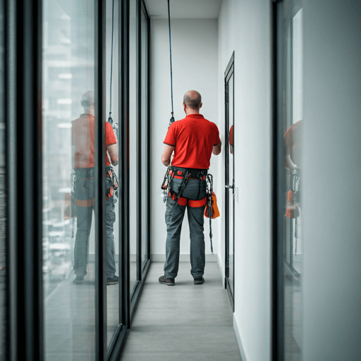 Professional window cleaner working on a high-rise building